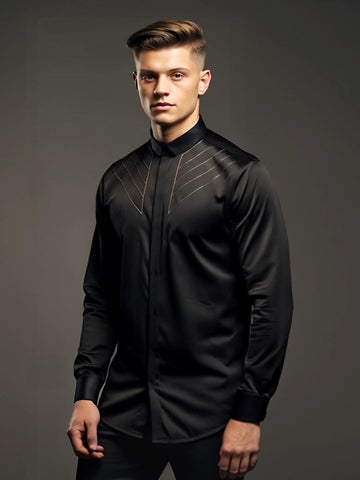 Black Geometric Embroidered Party Designer Shirt For Men by HE SPOKE