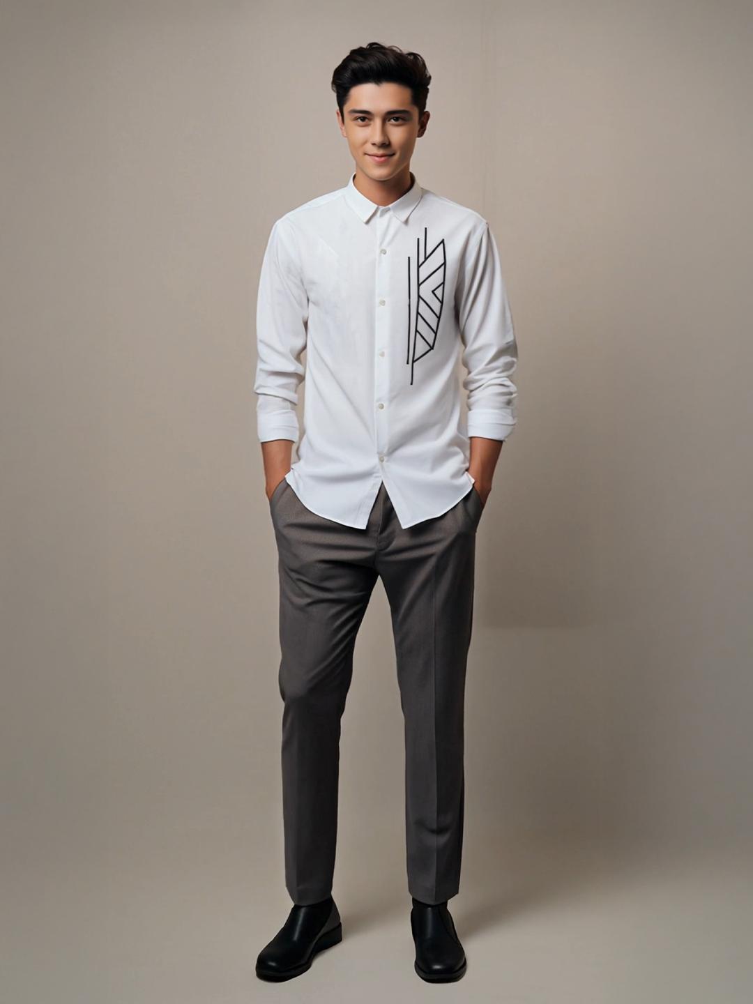 White Geometric Embroidered Casual Designer Shirt For Men by HE SPOKE