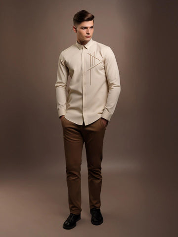 Cream Geometric Embroidered Casual Designer Shirt For Men by HE SPOKE