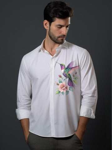 White Abstract Printed Casual Designer Shirt For Men by HE SPOKE
