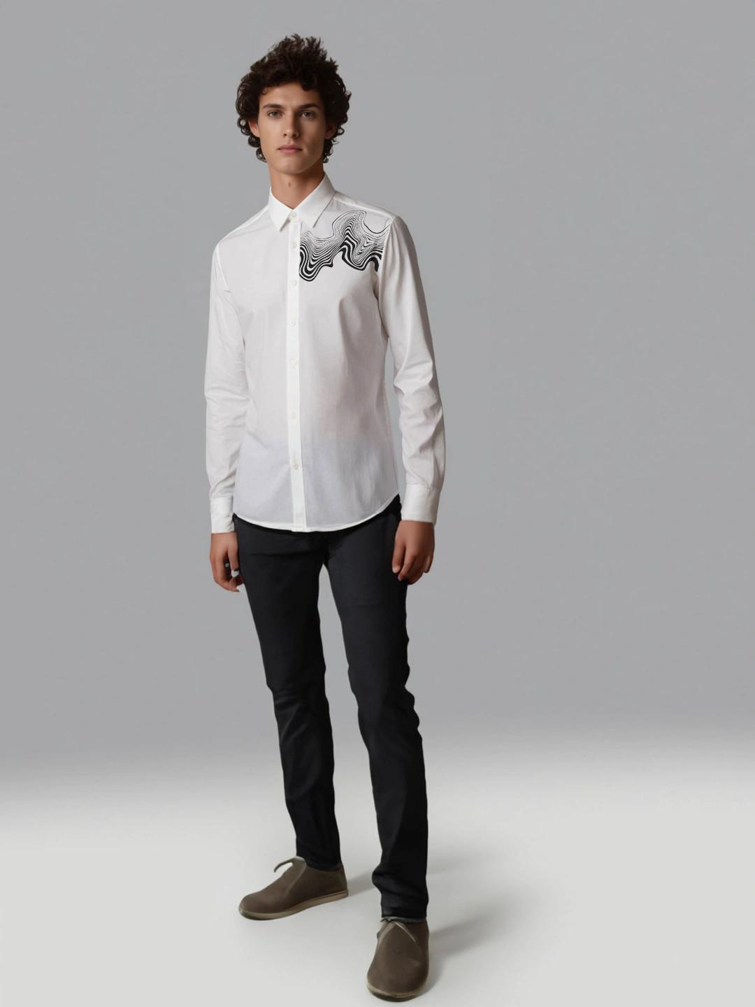 White Abstract Printed Casual Designer Shirt For Men by HE SPOKE