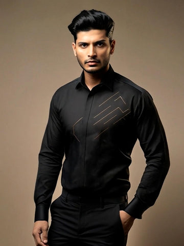 Black Geometric Embroidered Party Designer Shirt For Men by HE SPOKE