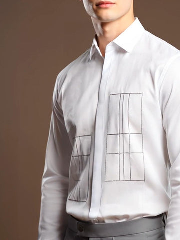 White Geometric Embroidered Smart Casual Designer Shirt For Men by HE SPOKE