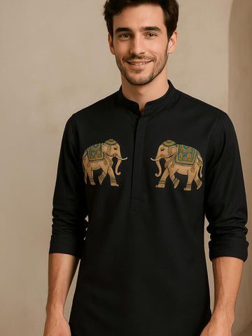 Black Animal Printed Daily Designer Kurta For Men by HE SPOKE