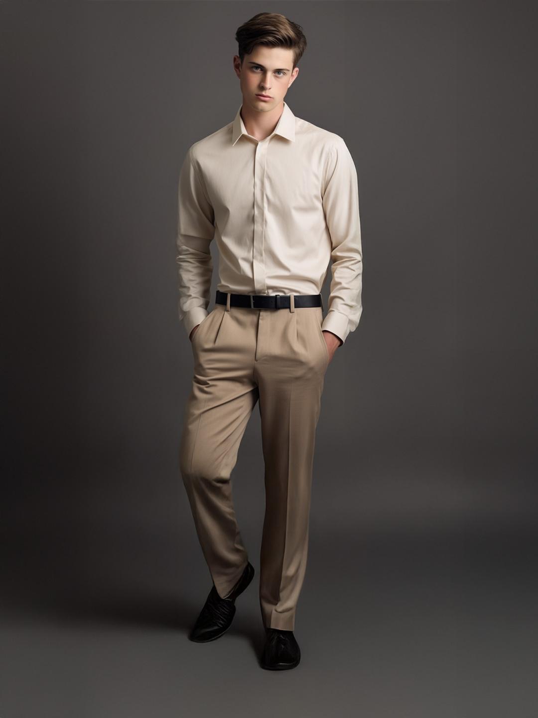 Cream Solid Formal Designer Shirt For Men by HE SPOKE