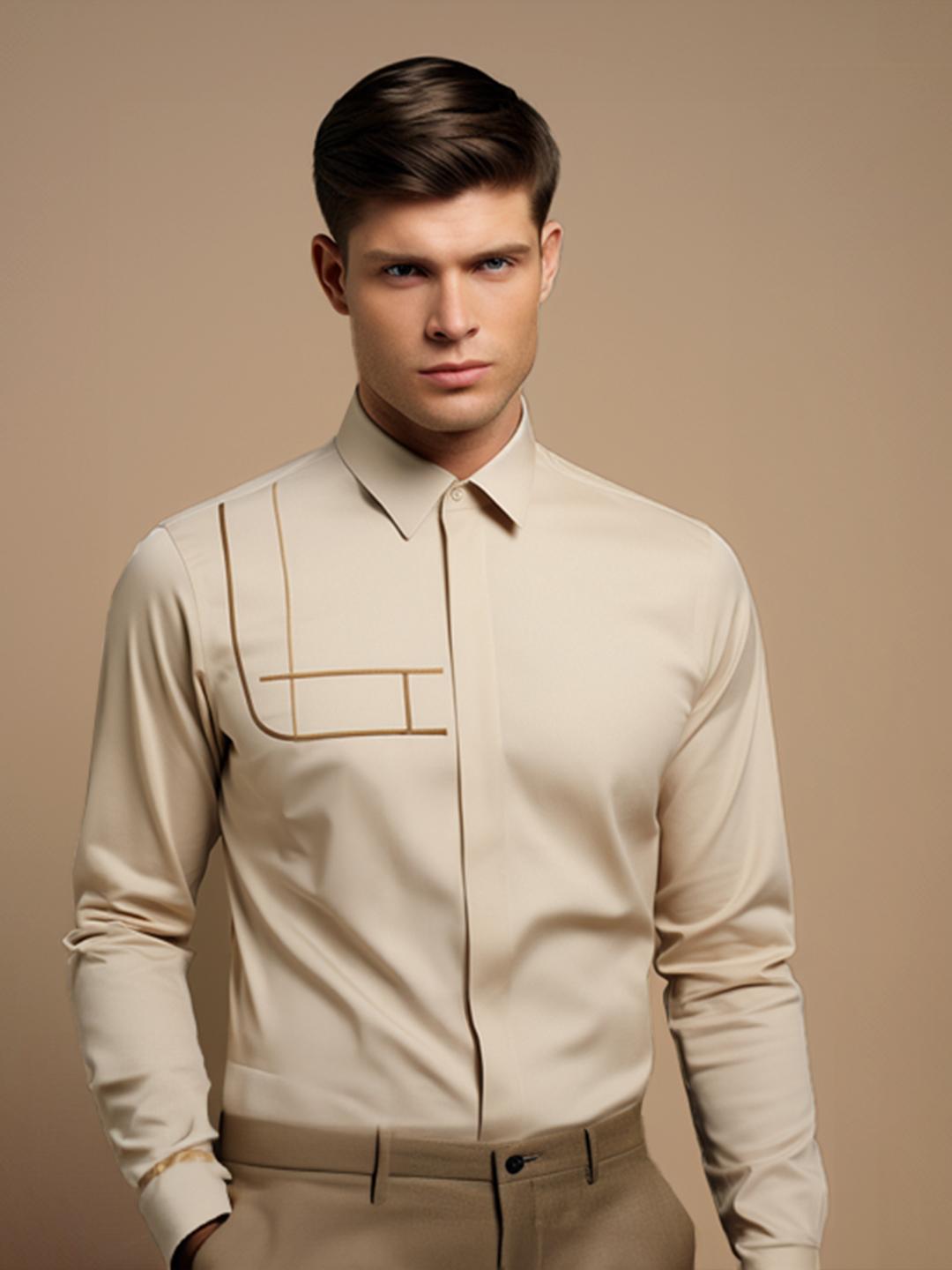 Cream Geometric Embroidered Casual Designer Shirt For Men by HE SPOKE