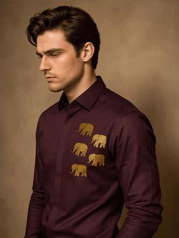 Burgundy Animal Embroidered Party Designer Shirt For Men by HE SPOKE