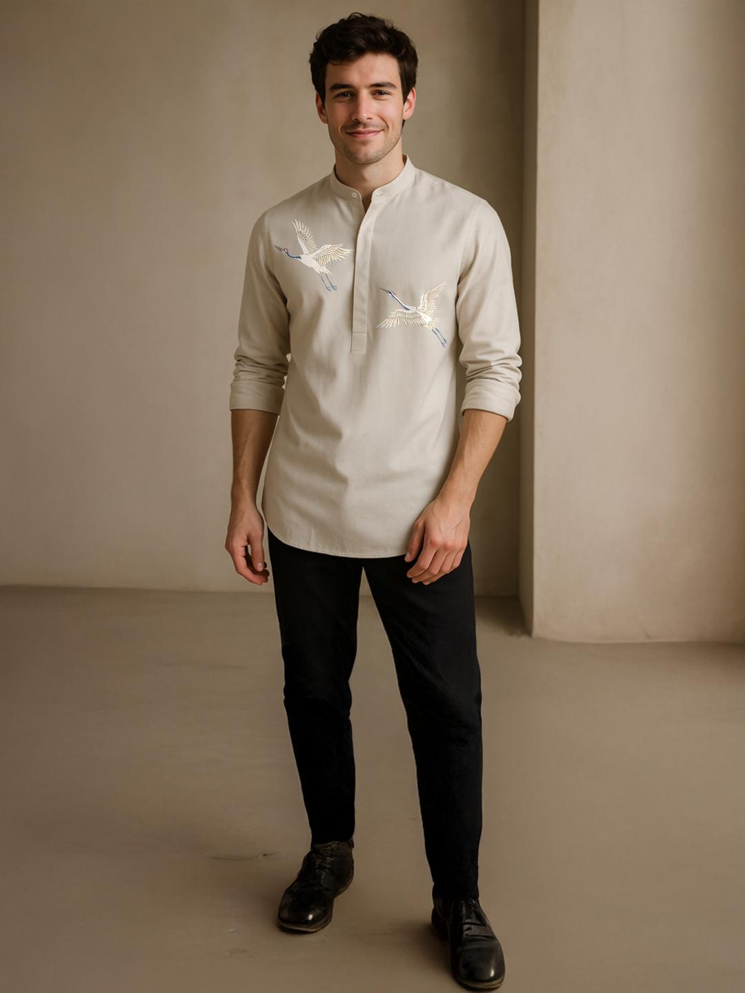 Cream Printed Daily Designer Kurta For Men by HE SPOKE