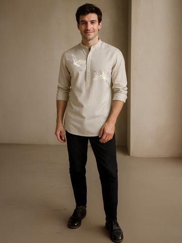 Cream Printed Daily Designer Kurta For Men by HE SPOKE