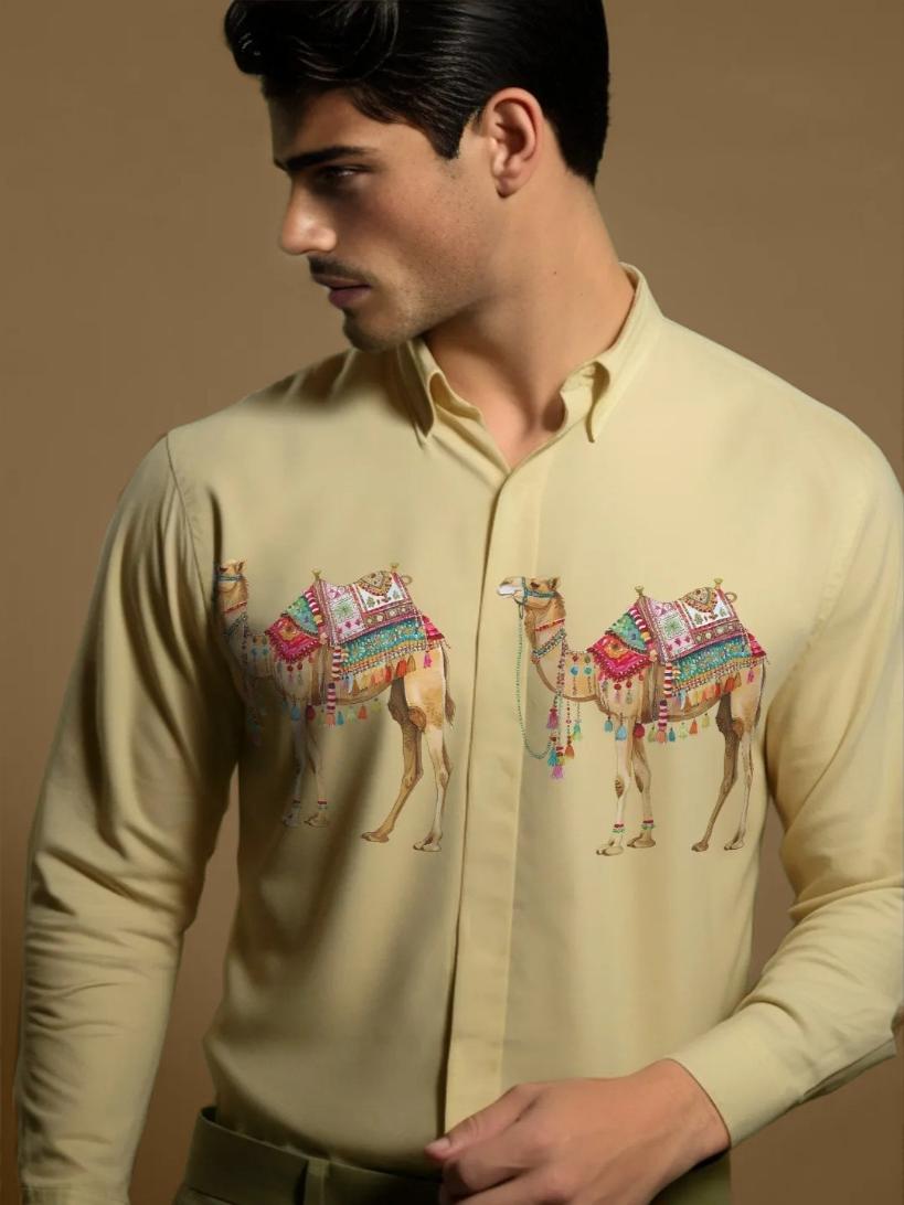 Cream Animal Printed Casual Designer Shirt For Men by HE SPOKE