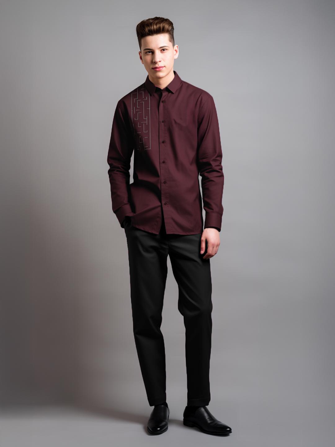 Burgundy Geometric Embroidered Smart Casual Designer Shirt For Men by HE SPOKE