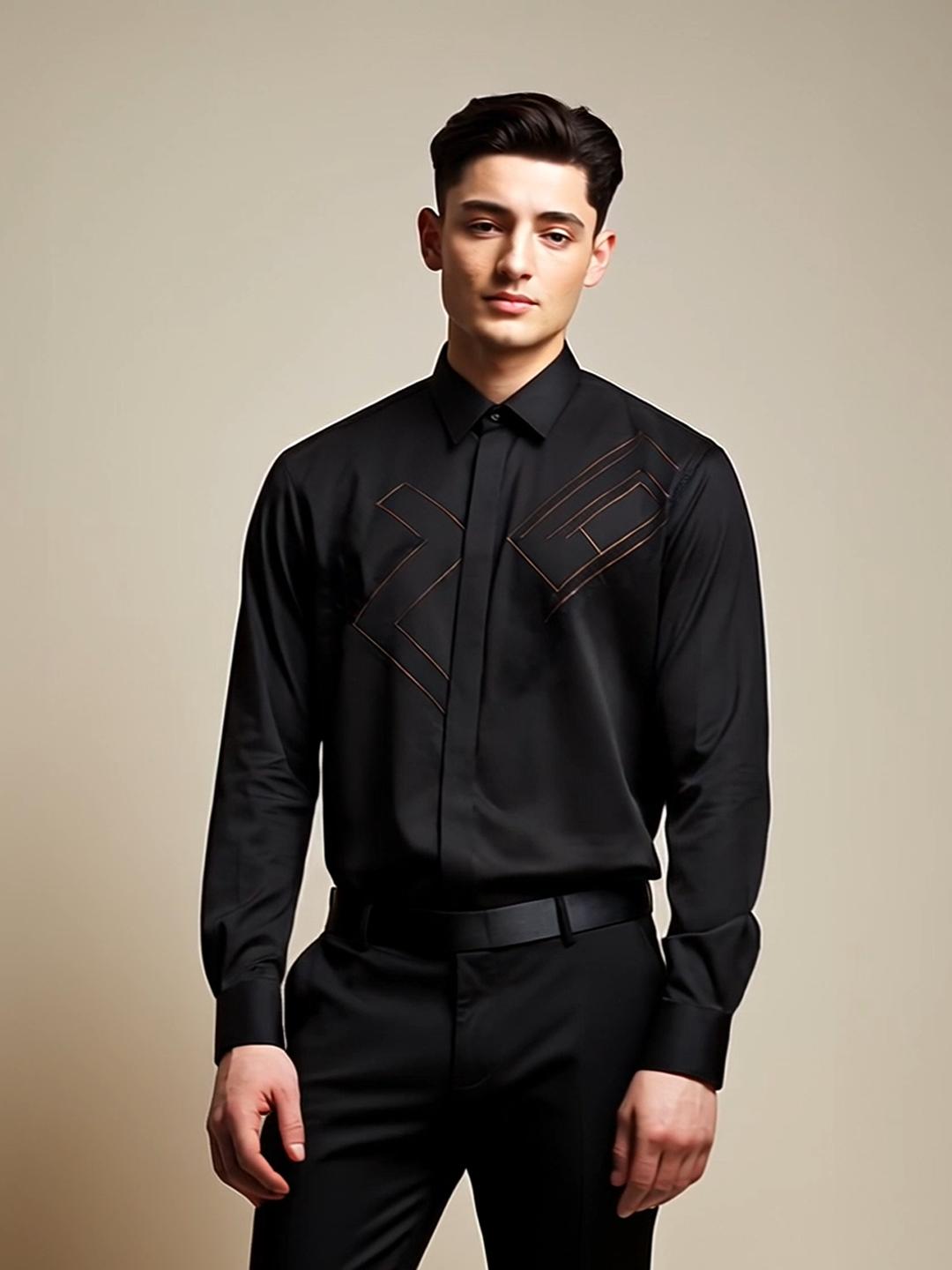 Black Geometric Embroidered Party Designer Shirt For Men by HE SPOKE
