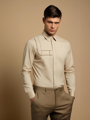 Cream Geometric Embroidered Casual Designer Shirt For Men by HE SPOKE