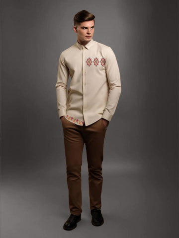 Cream Conversational Printed Casual Designer Shirt For Men by HE SPOKE