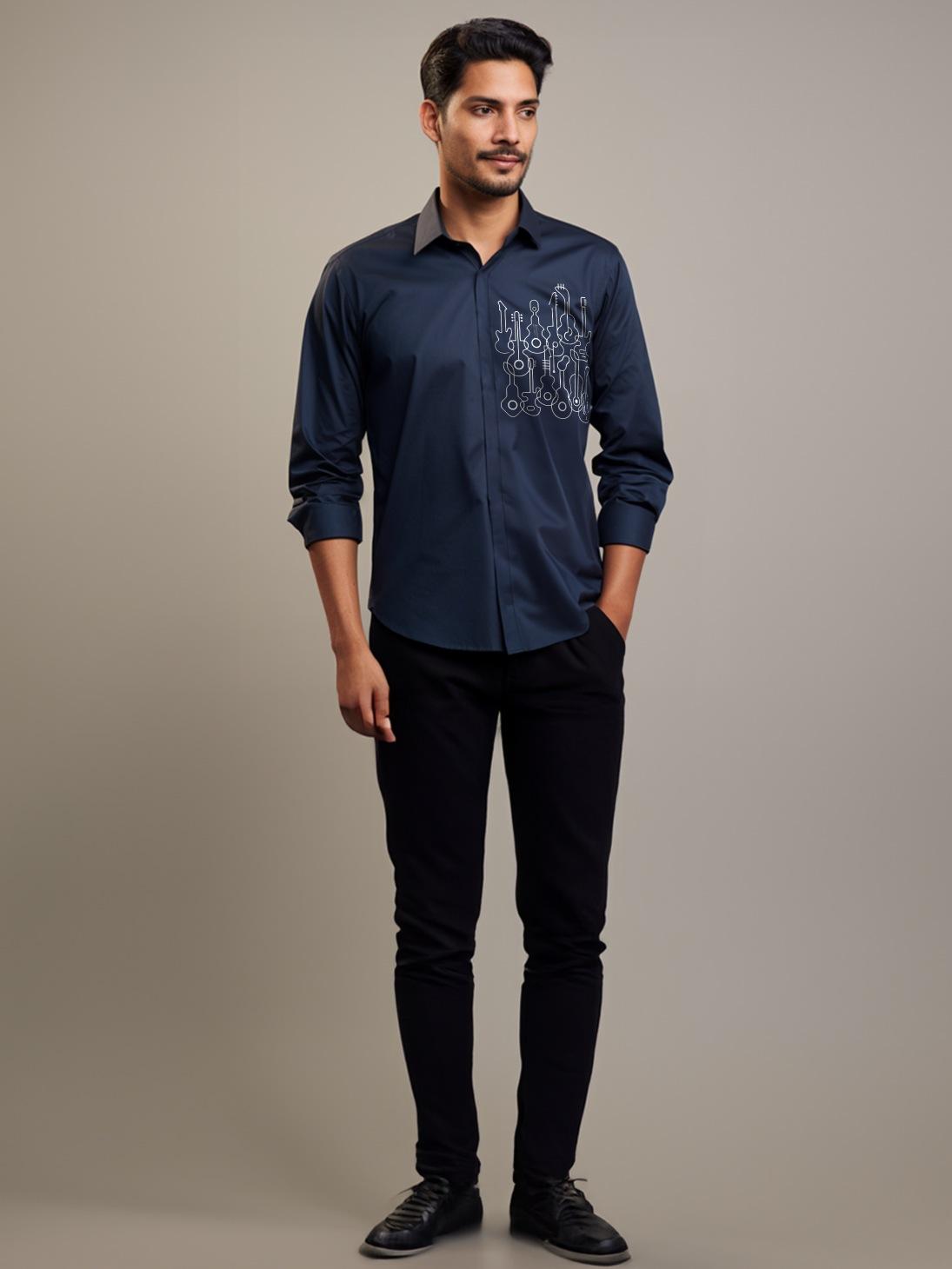 Navy Conversational Printed Casual Designer Shirt For Men by HE SPOKE