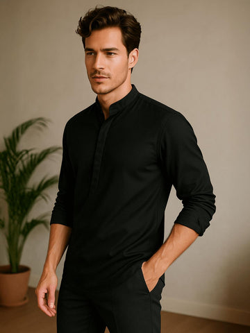 Black Solid Daily Designer Kurta For Men by HE SPOKE