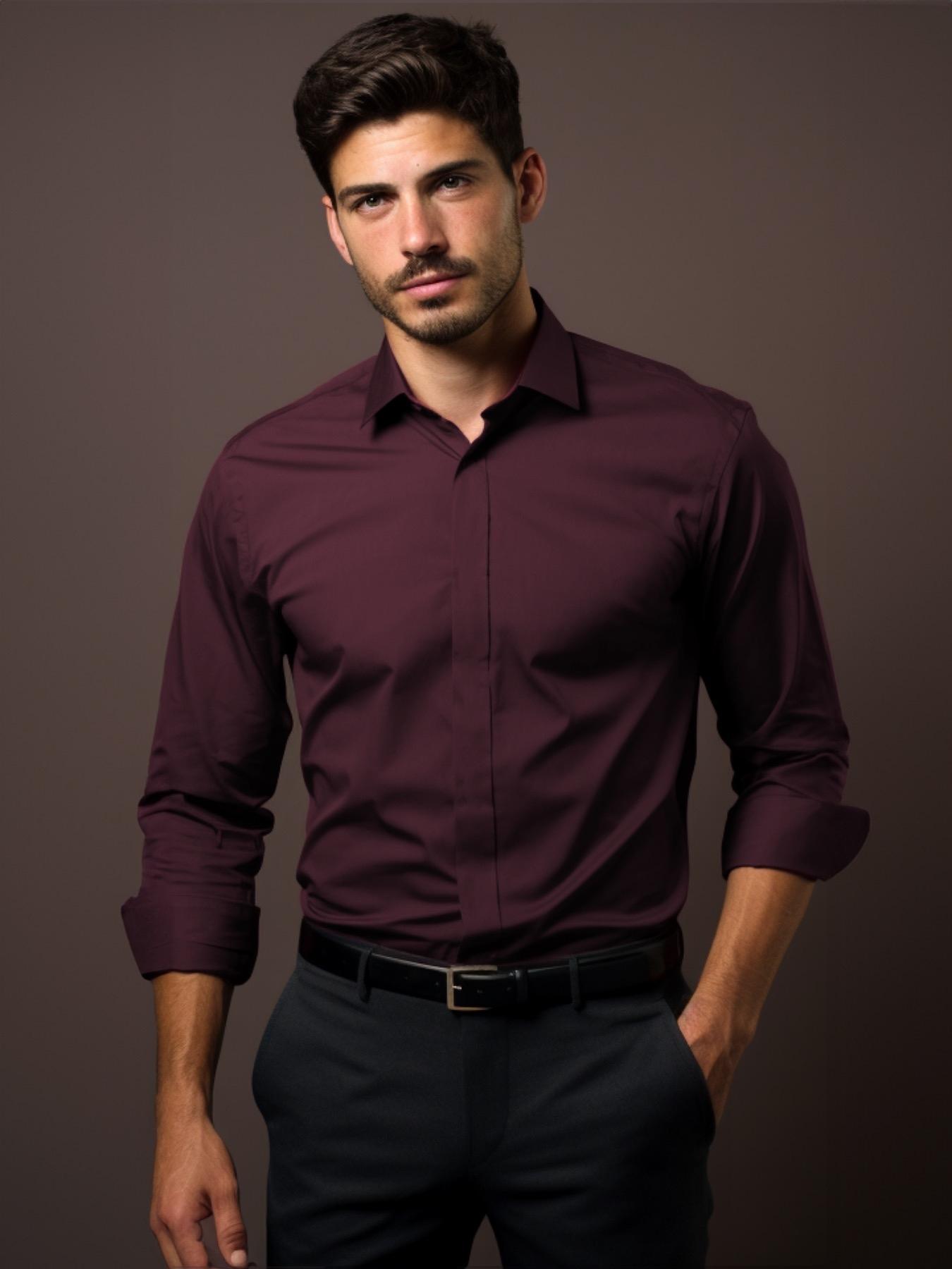Burgundy Solid Formal Designer Shirt For Men by HE SPOKE