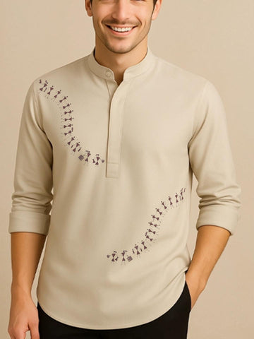 Cream Ethnic Motifs Printed Daily Designer Kurta For Men by HE SPOKE