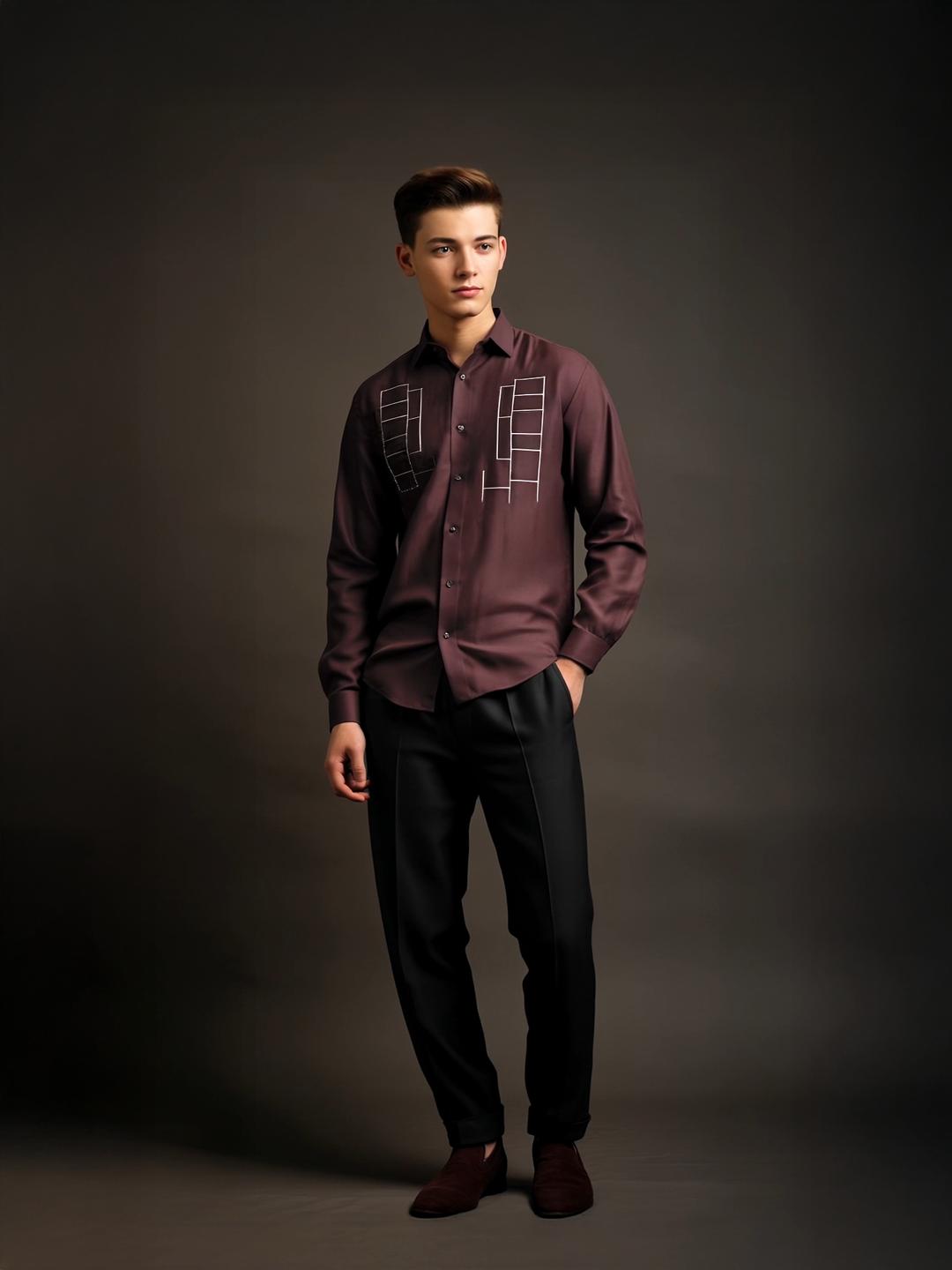 Burgundy Geometric Embroidered Smart Casual Designer Shirt For Men by HE SPOKE
