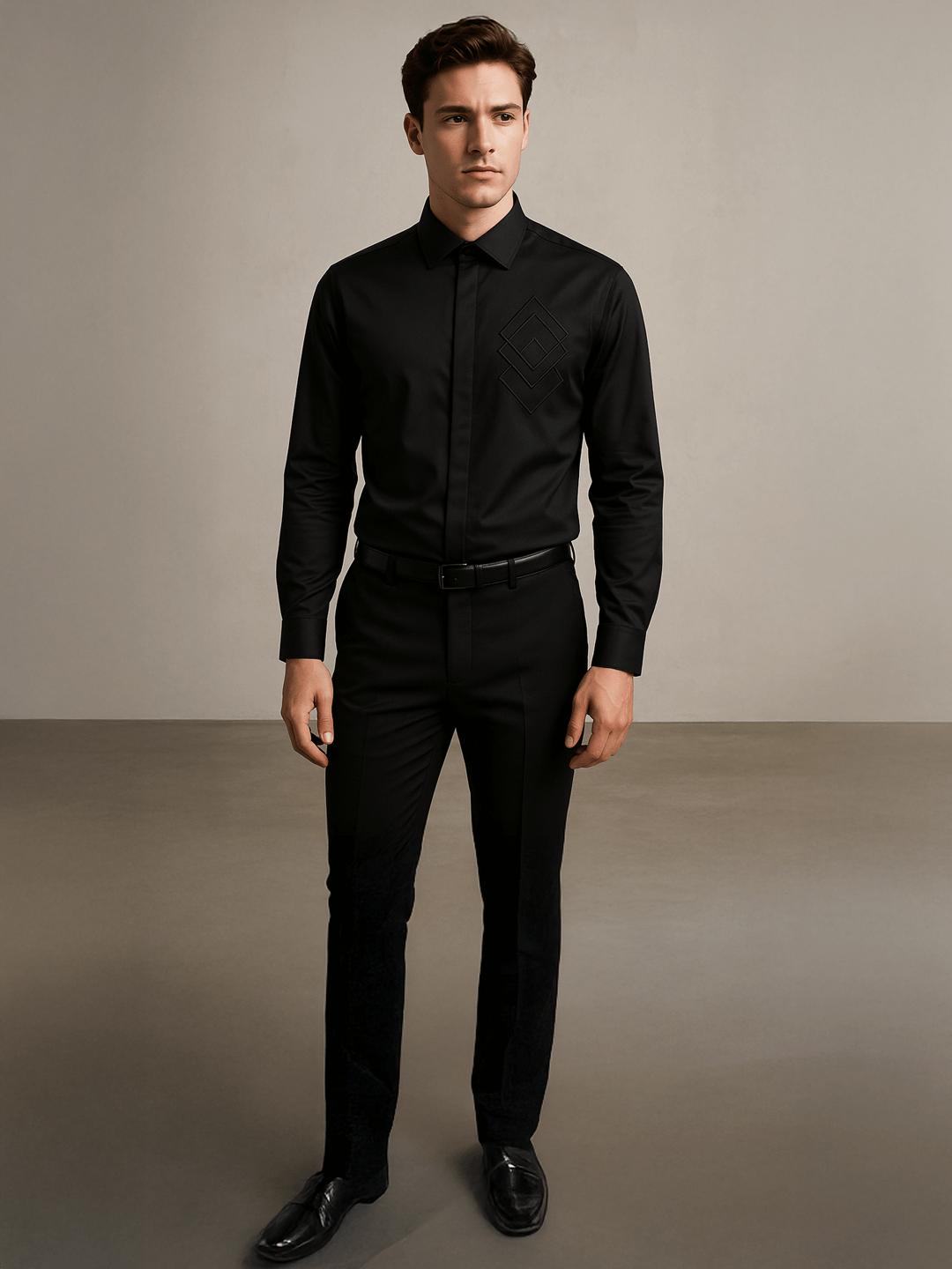 Black Geometric Embroidered Party Designer Shirt For Men by HE SPOKE