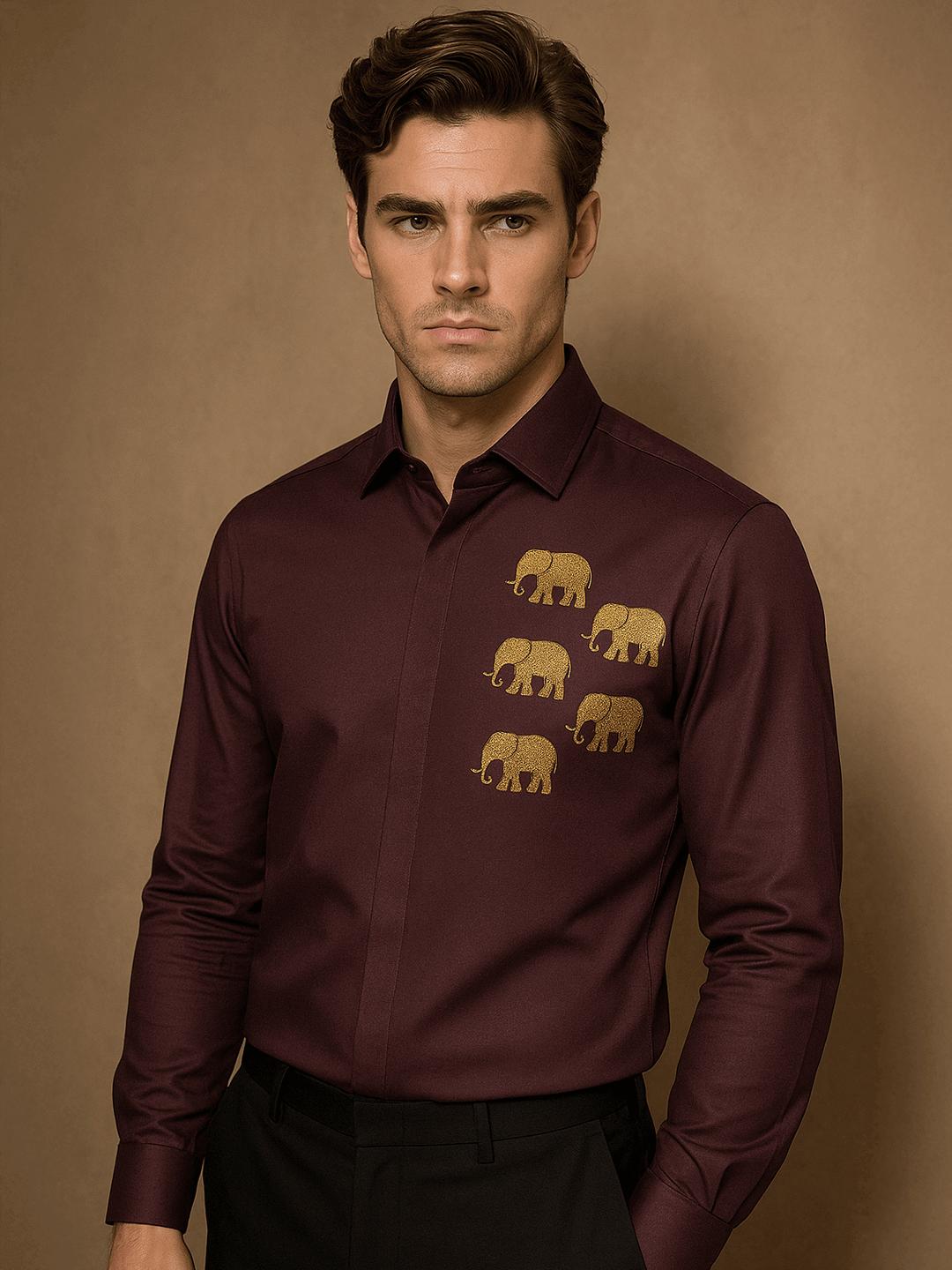 Burgundy Animal Embroidered Party Designer Shirt For Men by HE SPOKE