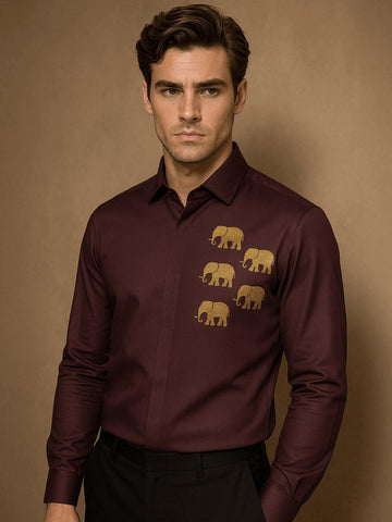 Burgundy Animal Embroidered Party Designer Shirt For Men by HE SPOKE