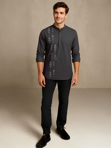 Grey Ethnic Motifs Printed Daily Designer Kurta For Men by HE SPOKE