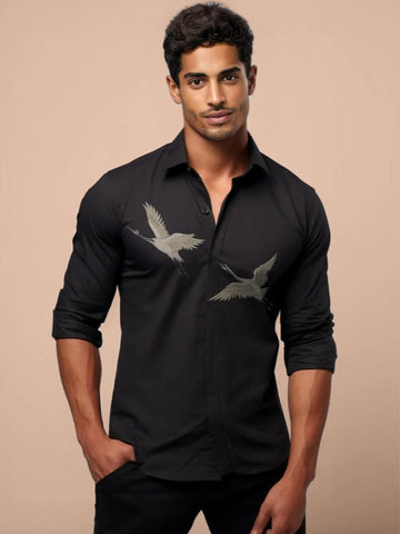 Black Printed Casual Designer Shirt For Men by HE SPOKE