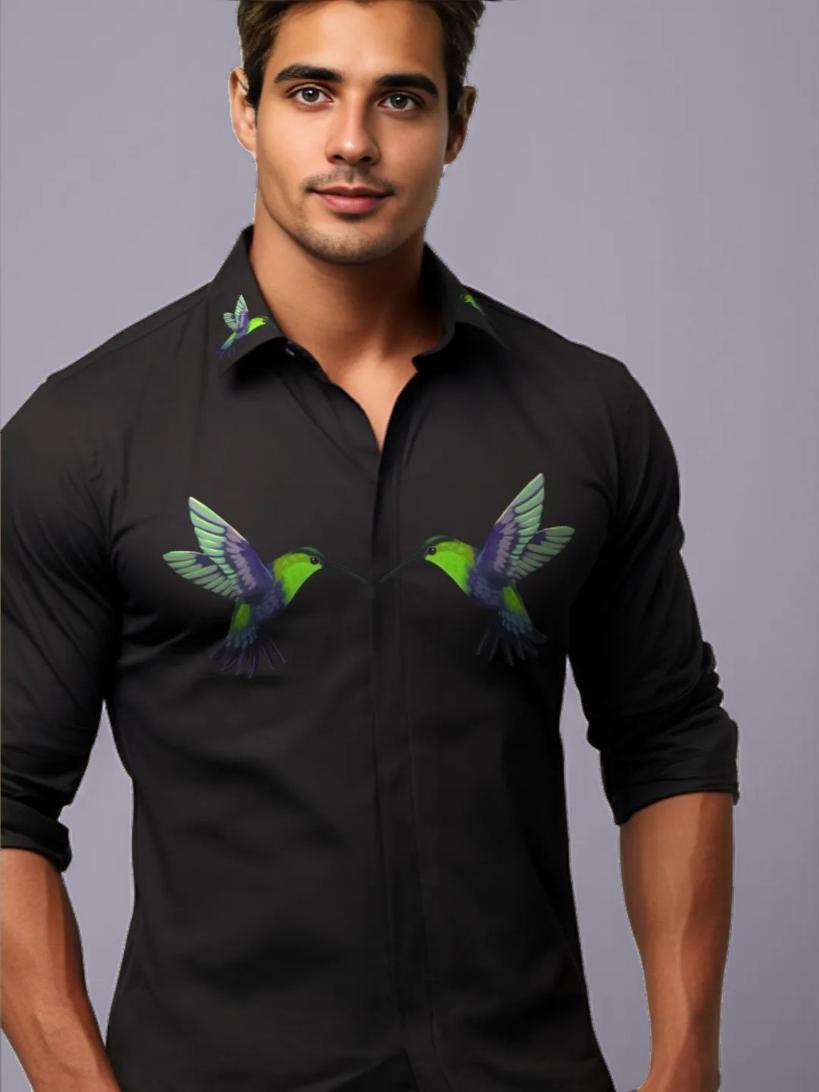 Black Printed Casual Designer Shirt For Men by HE SPOKE