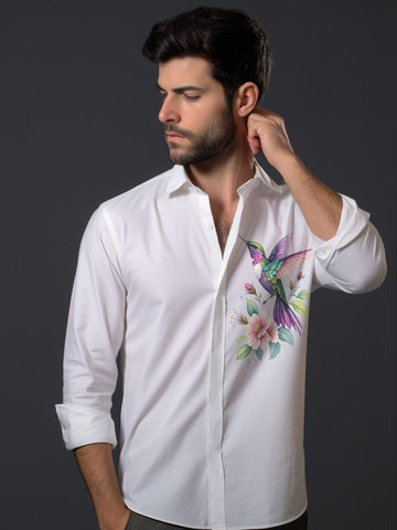 White Abstract Printed Casual Designer Shirt For Men by HE SPOKE
