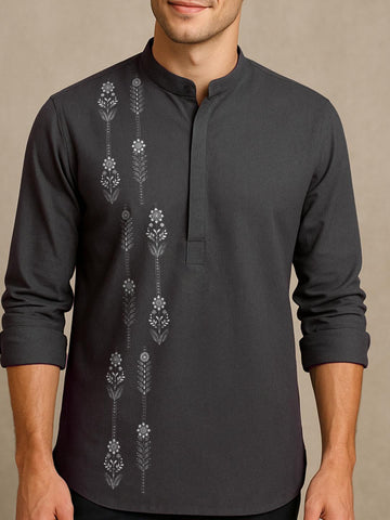 Grey Ethnic Motifs Printed Daily Designer Kurta For Men by HE SPOKE