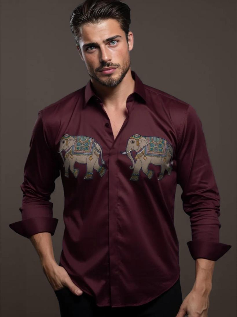Burgundy Animal Printed Casual Designer Shirt For Men by HE SPOKE