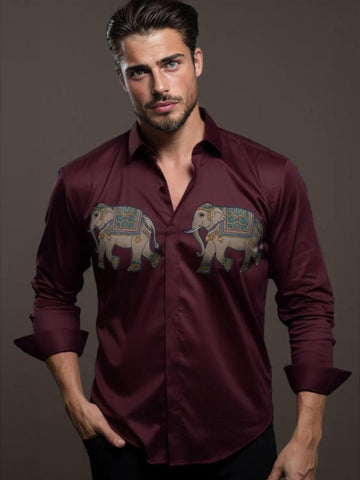 Burgundy Animal Printed Casual Designer Shirt For Men by HE SPOKE
