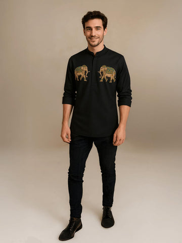 Black Animal Printed Daily Designer Kurta For Men by HE SPOKE