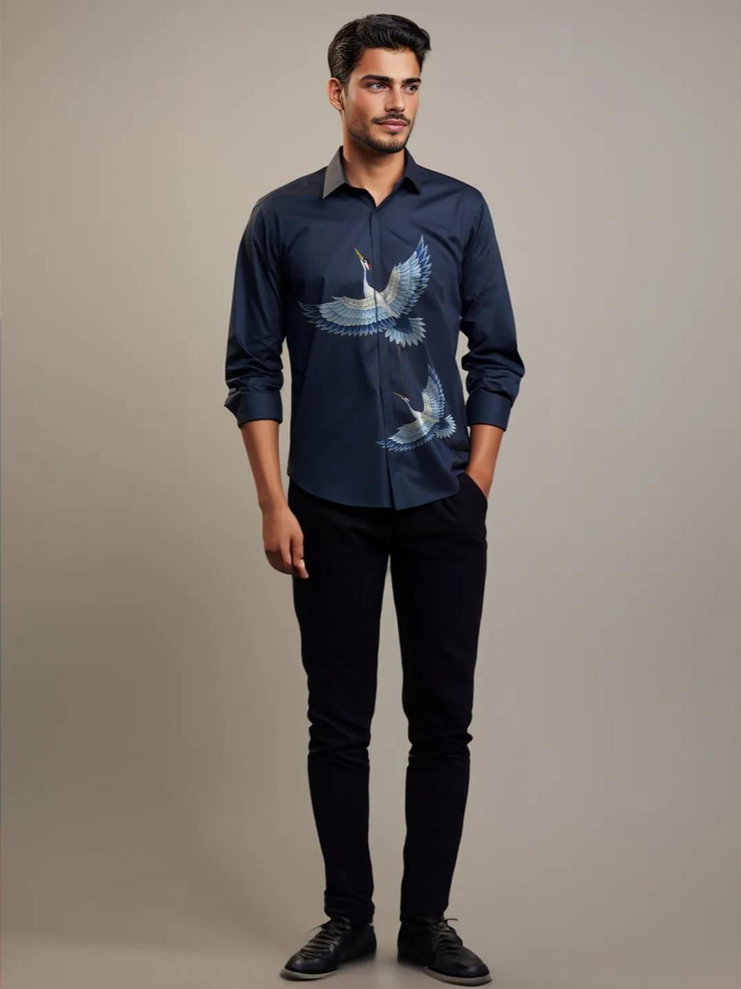 Navy Printed Casual Designer Shirt For Men by HE SPOKE