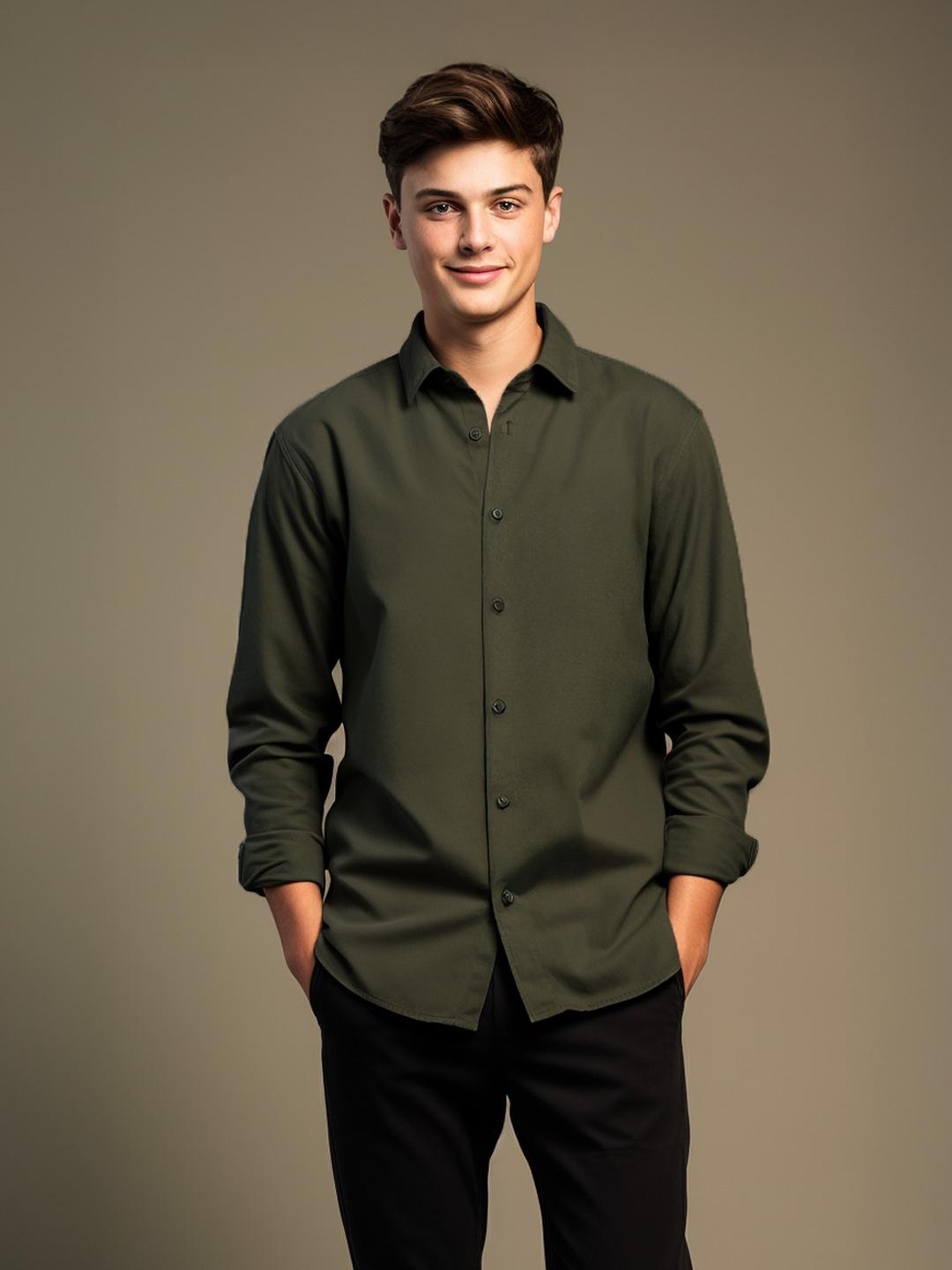 Olive Solid Casual Designer Shirt For Men by HE SPOKE
