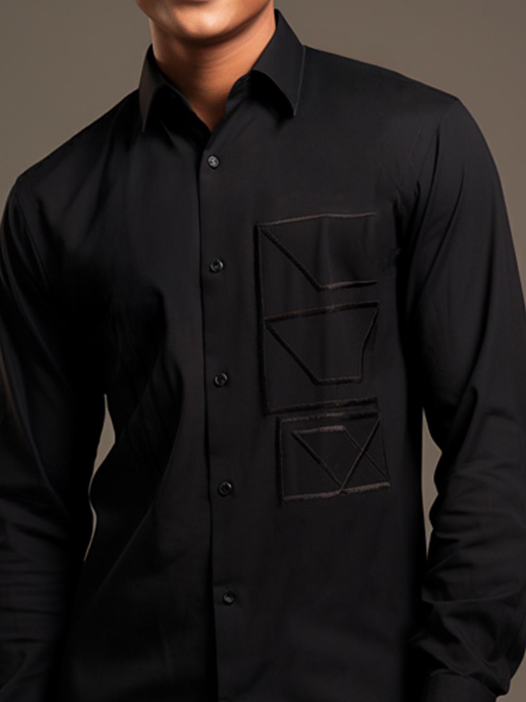 Black Geometric Embroidered Party Designer Shirt For Men by HE SPOKE