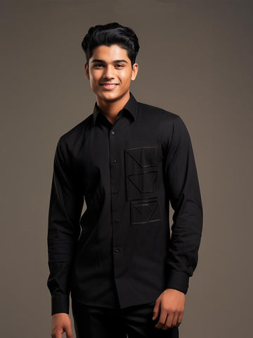 Black Geometric Embroidered Party Designer Shirt For Men by HE SPOKE