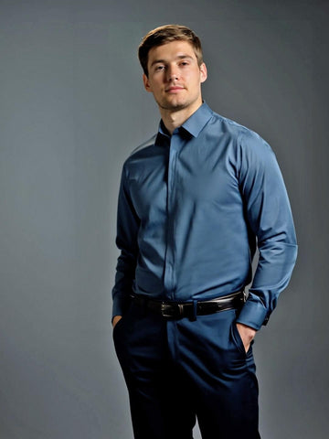 Blue Solid Formal Designer Shirt For Men by HE SPOKE