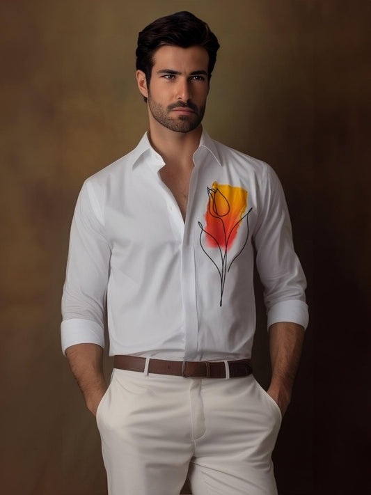 White Floral Printed Casual Designer Shirt For Men by HE SPOKE