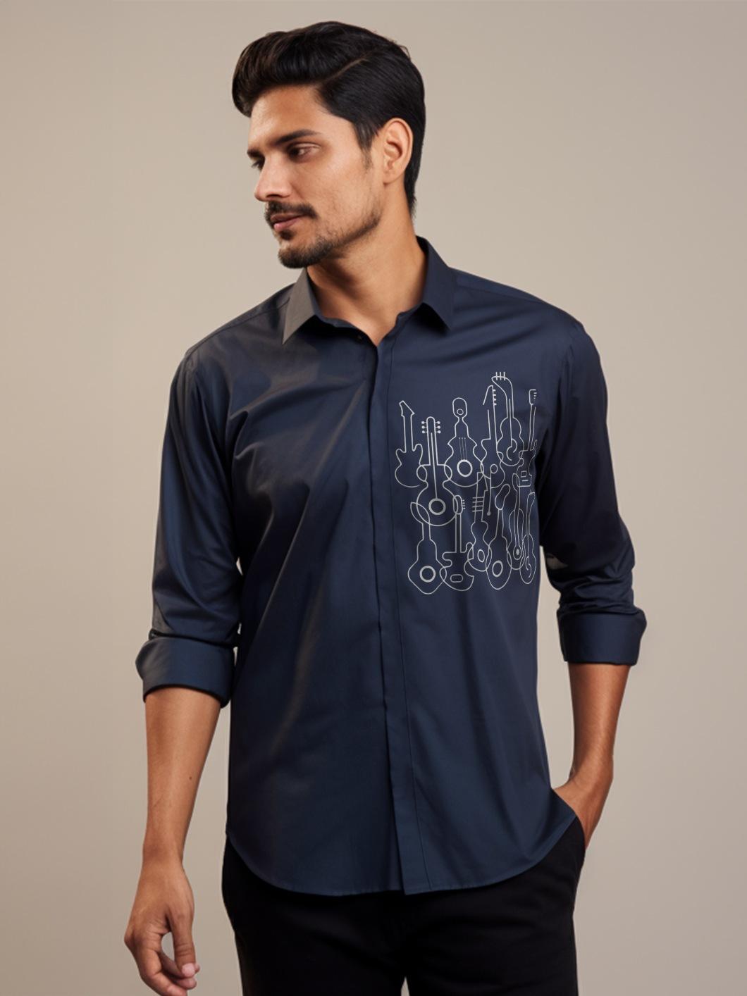 Navy Conversational Printed Casual Designer Shirt For Men by HE SPOKE