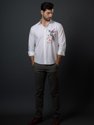 White Abstract Printed Casual Designer Shirt For Men by HE SPOKE