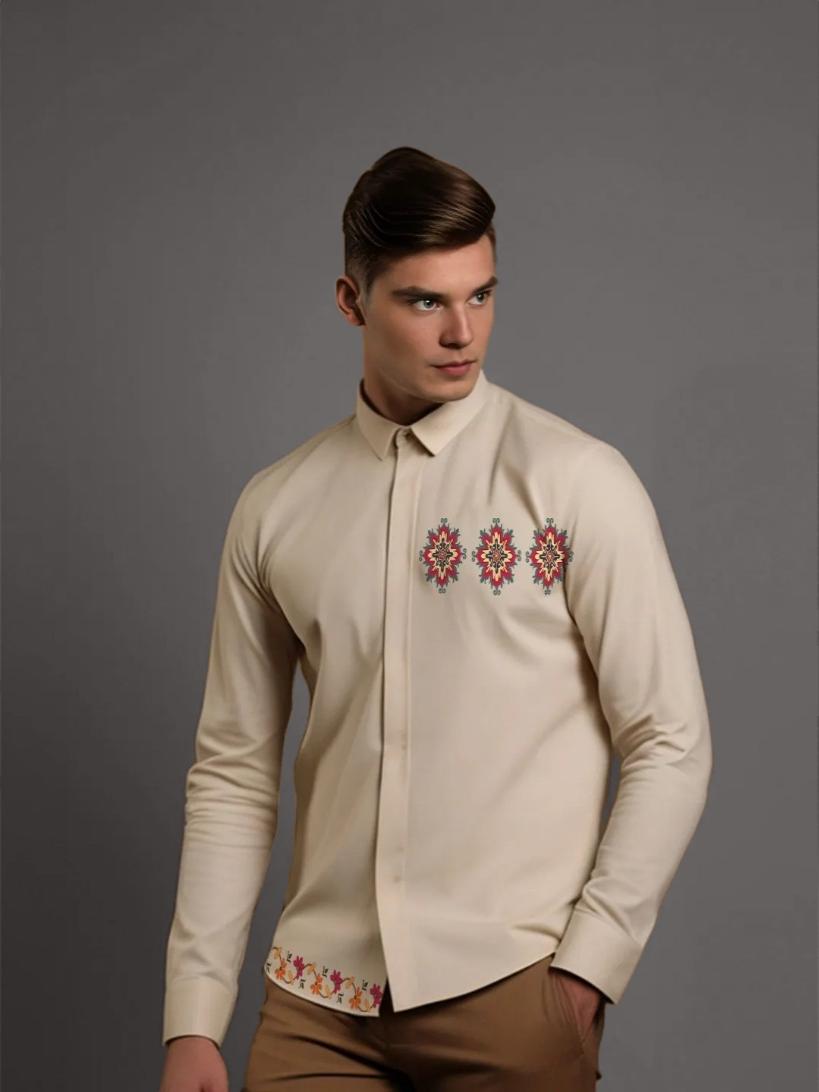 Cream Conversational Printed Casual Designer Shirt For Men by HE SPOKE