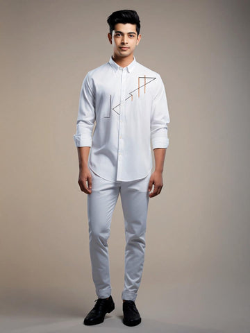 White Geometric Embroidered Casual Designer Shirt For Men by HE SPOKE