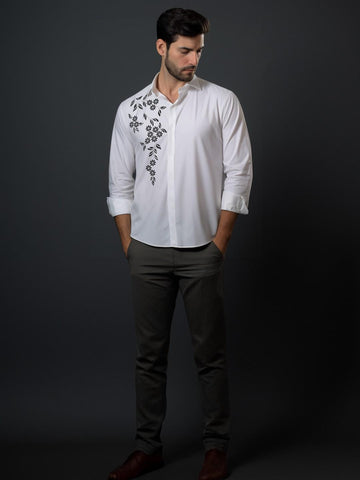 White Floral Printed Casual Designer Shirt For Men by HE SPOKE