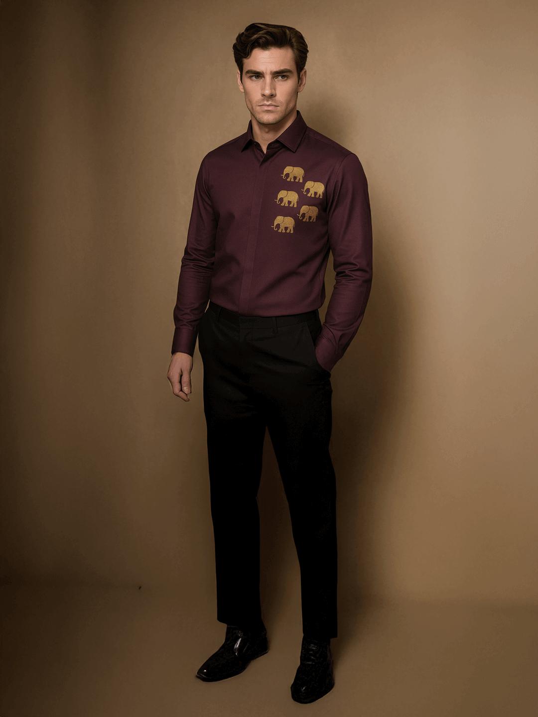 Burgundy Animal Embroidered Party Designer Shirt For Men by HE SPOKE