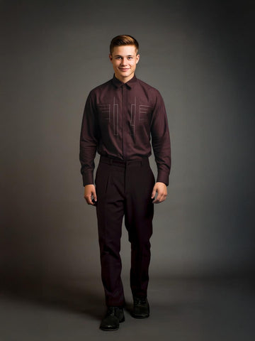 Burgundy Geometric Embroidered Party Designer Shirt For Men by HE SPOKE
