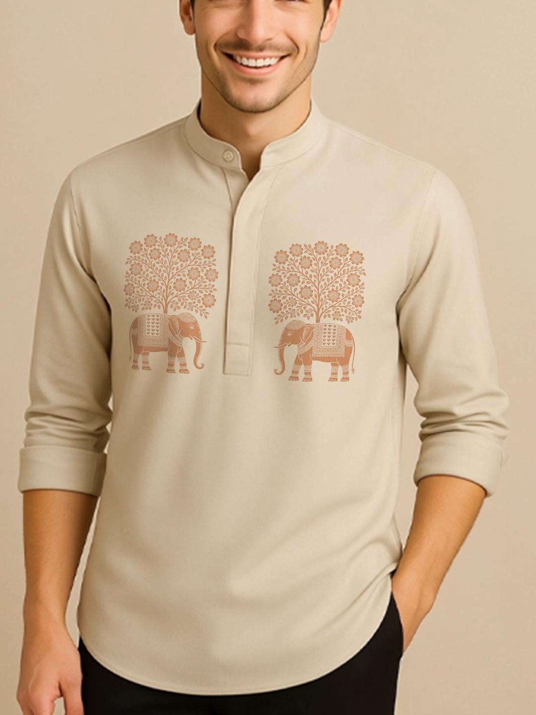 Cream Animal Printed Daily Designer Kurta For Men by HE SPOKE