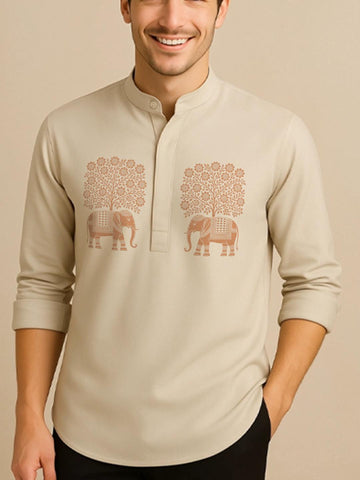 Cream Animal Printed Daily Designer Kurta For Men by HE SPOKE