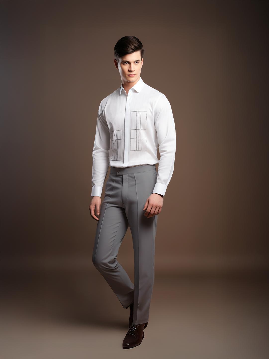 White Geometric Embroidered Smart Casual Designer Shirt For Men by HE SPOKE